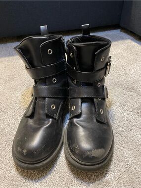 Kids Black Strap Boots with Buckle Detail